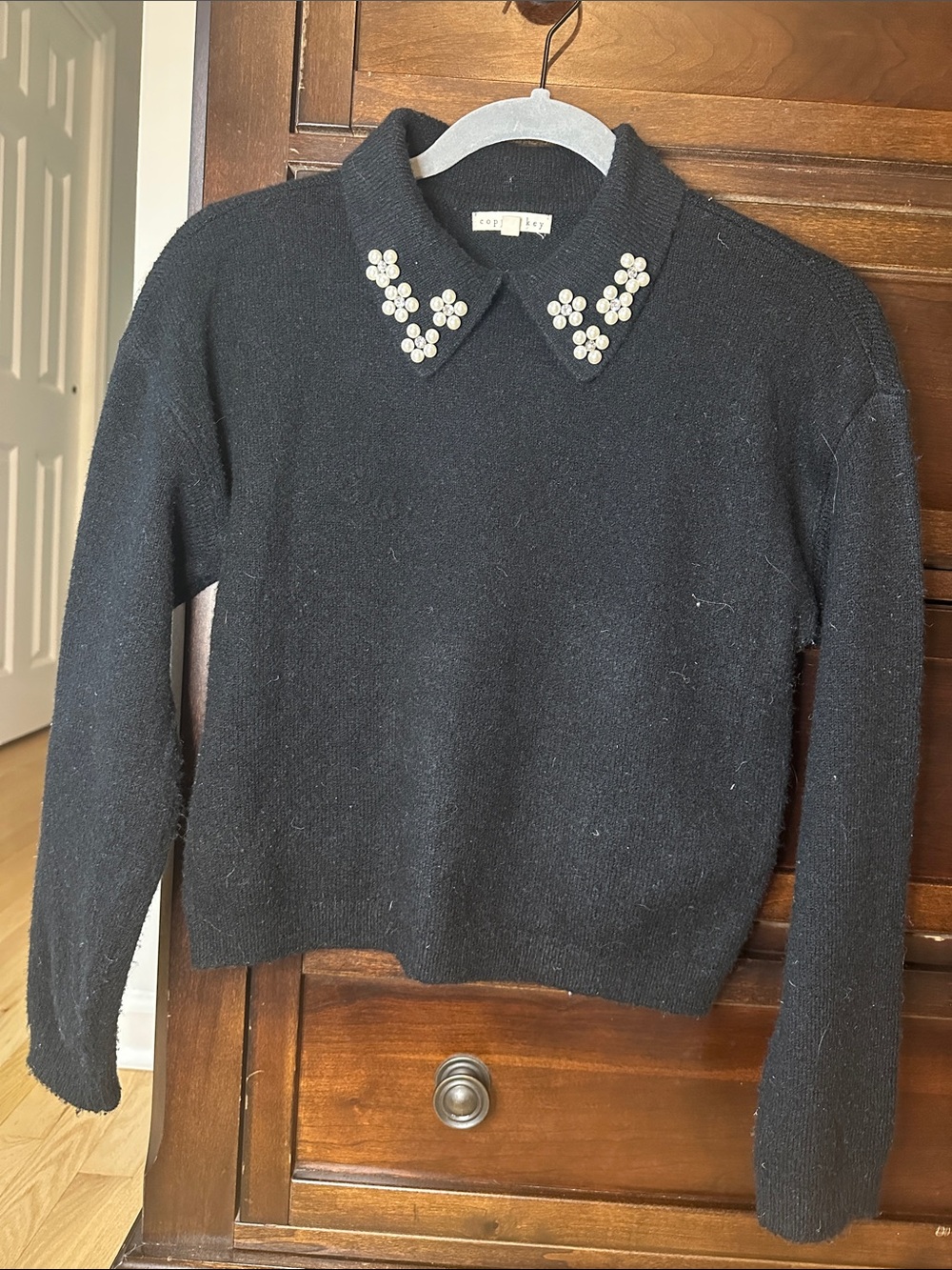 Girls size 12/14 Copper Key Black Sweater with Jeweled Pearl Collar